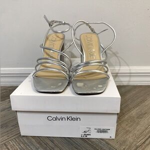 Calvin Klein silver leather strappy block heels